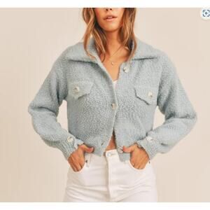 W.A.P.G. Fuzzy Crop Sweater Jacket Dusty Blue Sz S